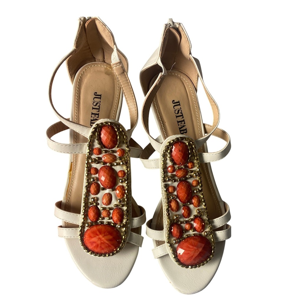 JustFab Daniela White Wedge Sandals Orange Stone Accents Wood Grain Heel Size 8